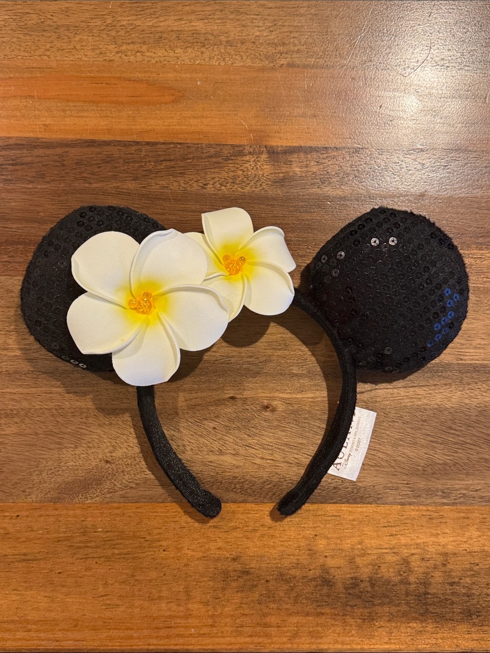 Minnie Mouse Ears Headband with White Plumeria Flowers